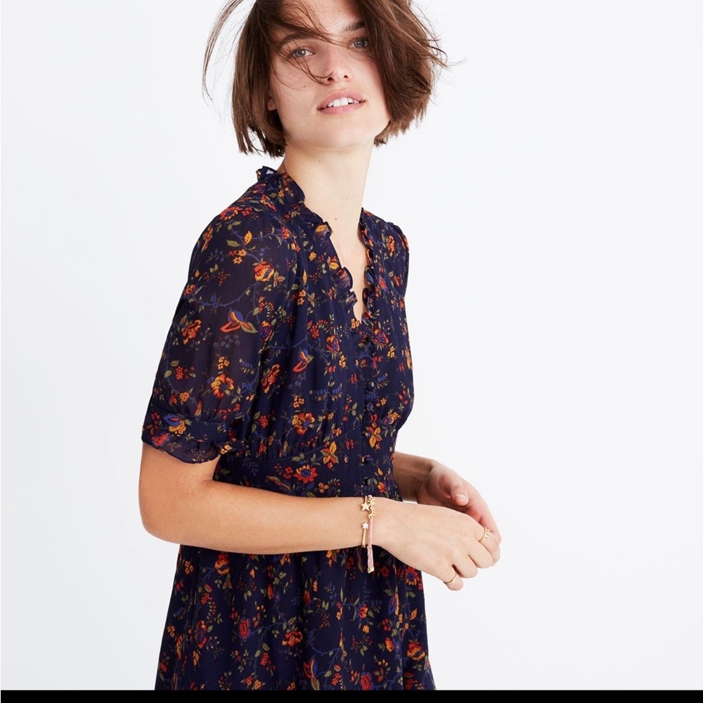 Madewell Freesia Dress in Climbing Vine Womens Size 2 Navy Floral Mini Ruffles